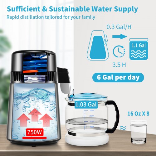 Water Distiller, 1 L/H, 4L Distilled Water Maker w/ 0-99 H Timing, 750W Countertop Water Purifier w/ Dual Temp Display, Glass Carafe Cleaning Powder 3 Carbon Packs Equipped, FDA Approved, Silver
