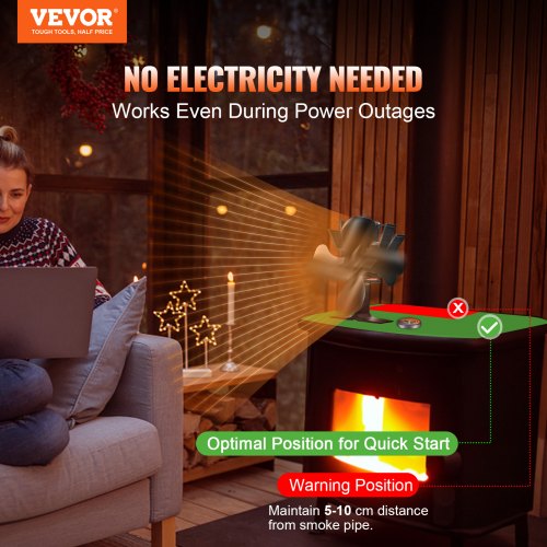 Wood Stove Fan Heat Powered, Quiet Fireplace Fans for Wood/Log Burner/Heater, 180 CFM Max. Airflow Non Electric, Circulating Warm Air Saving Fuel, 4 Blades Upgrade Design, 9.3'' x 4.1'' x 9.1''