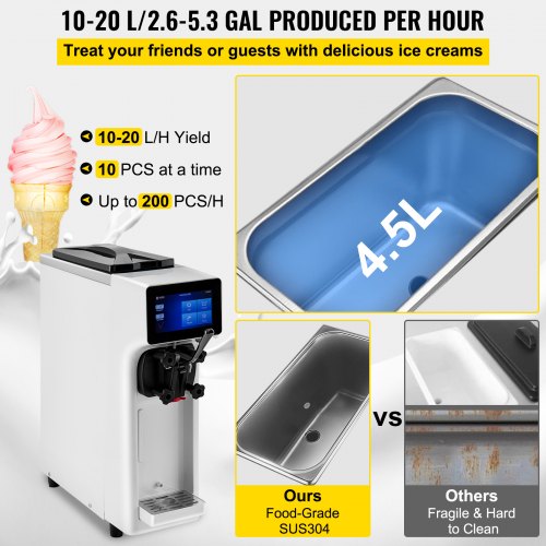 Commercial Ice Cream Maker, 10-20L/H Yield, 1000W Countertop Soft Serve Machine with 4.5L Hopper 1.6L Cylinder Touch Screen Puffing Shortage Alarm, Frozen Yogurt Maker for Café Snack Bar, White
