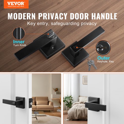 Entry Lever Door Handle, 2 PCS Black Entry Knob, Lock and Key Locking Lever Set, Contemporary Square Door Lever, Reversible for Right and Left Sided Doors, 45° Rotation to Open, for Front Door