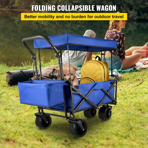 Collapsible Wagon Cart, Foldable Wagon Cart w/ Removable Canopy 600D Oxford Cloth, Collapsible Wagon Oversized Wheels Portable Folding Wagon Adjustable Handles, For Beach, Garden, Sports, Blue