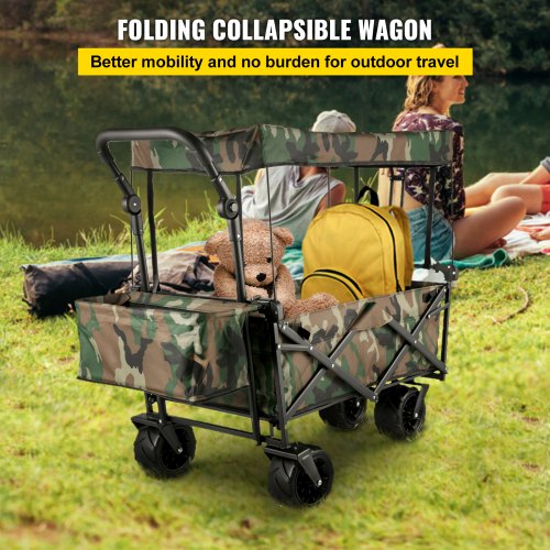 Collapsible Wagon Cart Camouflage, Foldable Wagon Cart Removable Canopy 600D Oxford Cloth, Collapsible Wagon Oversized Wheels, Portable Folding Wagon Adjustable Handles, Beach, Garden, Sports