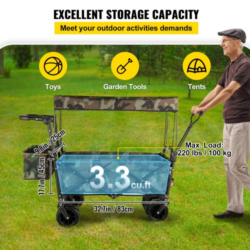 Collapsible Wagon Cart Camouflage, Foldable Wagon Cart Removable Canopy 600D Oxford Cloth, Collapsible Wagon Oversized Wheels, Portable Folding Wagon Adjustable Handles, Beach, Garden, Sports