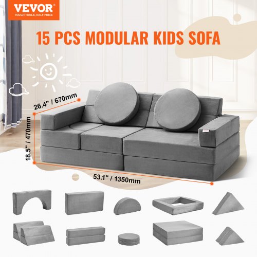 Play Couch, 15pcs Modular Kids Nugget Couch, Toddler Foam Sofa Couch with High-density 25D Sponge for Playing, Creativing, Sleeping, Imaginative Kids Furniture for Bedroom and Playroom