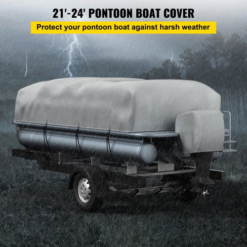 Pontoon Boat Cover, Fit for 21'-24' Boat, Heavy Duty 600D Marine Grade Oxford Fabric, UV Resistant Waterproof Trailerable Boat Cover w/ 2 Support Poles and 7 Wind-proof Straps, Gray