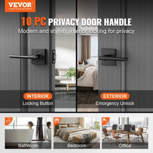 Privacy Door Handle 10 PCS Matte Black Square Door Lever Interior Keyless