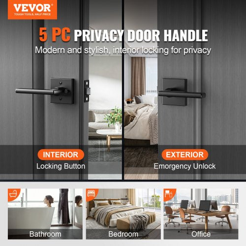 Privacy Door Handle 5 PCS Matte Black Square Door Lever Interior Keyless