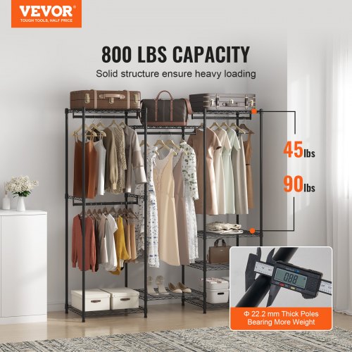 Heavy Duty Clothes Rack, Rolling Clothing Garment Rack with 4 Hang Rods & 8 Storage Tiers, Adjustable Custom Closet Rack, Freestanding Wardrobe for Hanging Clothes, 800 lbs Load Capacity