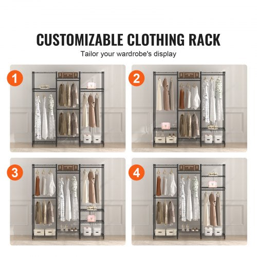 Heavy Duty Clothes Rack, Rolling Clothing Garment Rack with 4 Hang Rods & 8 Storage Tiers, Adjustable Custom Closet Rack, Freestanding Wardrobe for Hanging Clothes, 800 lbs Load Capacity