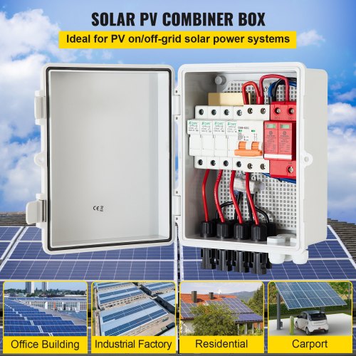 PV Combiner Box, 4 String, Solar Combiner Box with 15A Rated Current Fuse, 63A Circuit Breaker, Lightning Arreste and Solar Connector, for On / Off Grid Solar Panel System, IP65 Waterproof