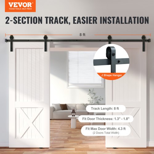 8FT Sliding Barn Door Hardware Kit, 330LBS Heavy Duty Barn Door Track Kit for Double Doors, Fit 3.7-4.3FT Total Wide and 1.3"-1.8" Thick 2 Door Panel, with Smooth & Silent Pulley (J Shape)