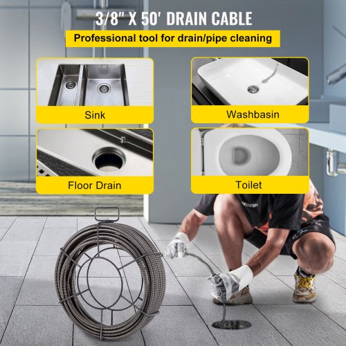 Drain Cleaning Cable 50 Feet x 3/8 Inch Solid Core Cable Sewer Cable Drain Auger Cable Cleaner Snake Clog Pipe Drain Cleaning Cable Sewer Drain Auger Snake Pipe