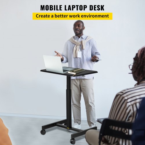 Mobile Laptop Desk, 76 cm to 110 cm, Height Adjustable Rolling Laptop Desk w/ Gas Spring Riser, Swivel Casters and Hook, Home Office Computer Table for Standing or Sitting, Black