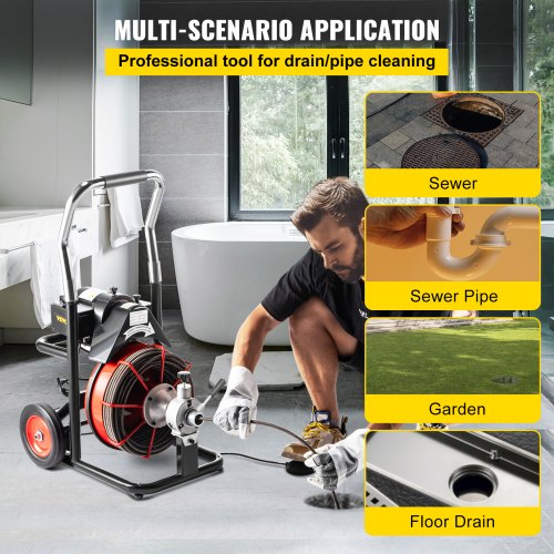 Drain Cleaner 50' x 1/2" Drain Cleaning Machine 370W Sewer Clog w/ Cutters 1750R/min with 4 Cutter and Foot Switch for 3/4"-4" (20mm-100mm) Pipes