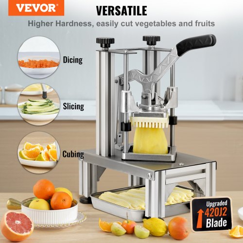 Commercial French Fry Cutter with 4 Replacement Blades, 1/4″ & 3/8″ Blade Easy Dicer Chopper, 6-wedge Slicer & 6-wedge Apple Corer, Lemon Potato Cutter for French Fries with Tray and Handle