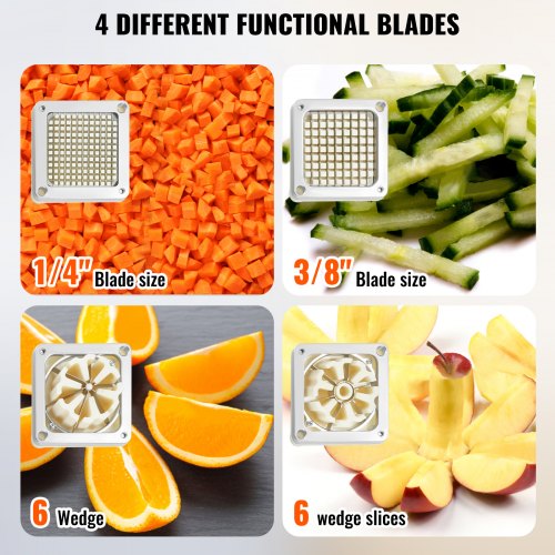 Commercial French Fry Cutter with 4 Replacement Blades, 1/4″ & 3/8″ Blade Easy Dicer Chopper, 6-wedge Slicer & 6-wedge Apple Corer, Lemon Potato Cutter for French Fries with Tray and Handle
