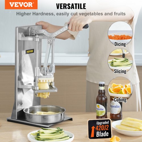 Commercial French Fry Cutter with 4 Replacement Blades, 1/4″ and 3/8″ Blade Easy Dicer Chopper, 6-wedge Slicer and 6-wedge Apple Corer, Lemon Potato Cutter for French Fries with Extended Handle