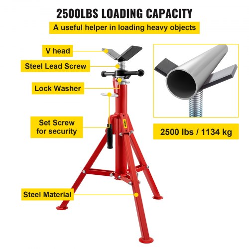 V Head Pipe Stand 1/8"-12" Capacity, Adjustable Height 24"-42", Pipe Jack Stands 2500 lb. Load Capacity, Portable Folding Pipe Stands, Carbon Steel Body More Durable