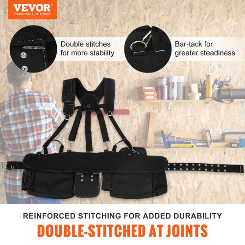 Tool Belt with Suspenders, 29 Pockets, 29-54 inches Adjustable Waist Size, Tool Belts for Men, 600D Polyester Heavy Duty Carpenter Tool Pouch for Carpenters, Electricians, and Gardening, Black