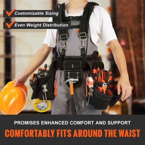 Tool Belt with Suspenders, 34 Pockets, 29-54 inches Adjustable Waist Size, Tool Belts for Men, 1250D Nylon Heavy Duty Carpenter Tool Pouch for Carpenters, Electricians, and Gardening, Black
