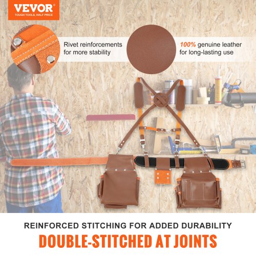 Tool Belt with Suspenders, 19 Pockets, 29-54 inches Adjustable Waist Size, Tool Belts for Men, Genuine Leather Heavy Duty Carpenter Tool Pouch for Carpenters, Electricians, and Gardening, Brown