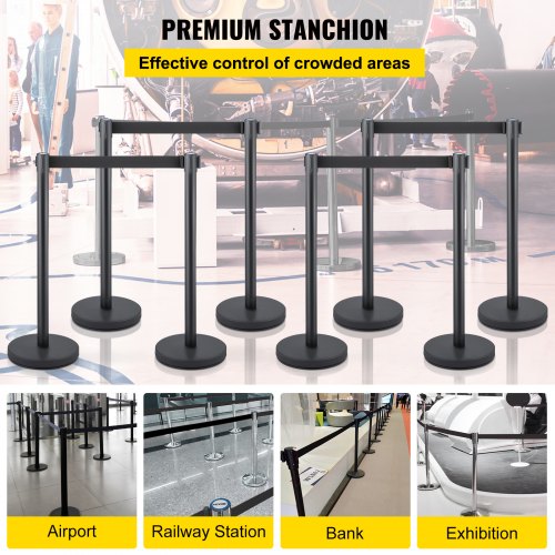 Crowd Control Stanchion, 8 Pieces Stanchion Set, with 6.6 ft/2 m Black Retractable Belt, Black Crowd Control Barrier w/Concrete and Metal Base, Easy Connect Assembly