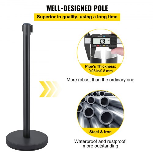 Crowd Control Stanchion, 8 Pieces Stanchion Set, with 6.6 ft/2 m Black Retractable Belt, Black Crowd Control Barrier w/Concrete and Metal Base, Easy Connect Assembly