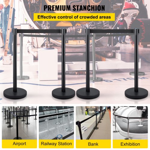 Crowd Control Stanchion, Set of 4 Pieces Stanchion Set, Stanchion Set with 6.6 ft/2 m Black Retractable Belt, Black Crowd Control Barrier w/ Concrete and Metal Base – Easy Connect Assembly