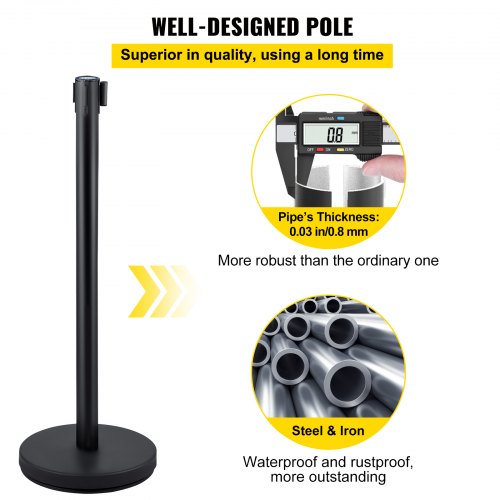 Crowd Control Stanchion, Set of 4 Pieces Stanchion Set, Stanchion Set with 6.6 ft/2 m Black Retractable Belt, Black Crowd Control Barrier w/ Concrete and Metal Base – Easy Connect Assembly