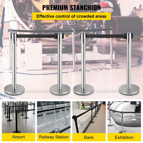 Crowd Control Stanchion, Set of 2 Pieces Stanchion Set, Stanchion Set with 6.6 ft/2 m Black Retractable Belt, Silver Crowd Control Barrier w/ Concrete and Metal Base – Easy Connect Assembly