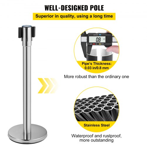 Crowd Control Stanchion, Set of 2 Pieces Stanchion Set, Stanchion Set with 6.6 ft/2 m Black Retractable Belt, Silver Crowd Control Barrier w/ Concrete and Metal Base – Easy Connect Assembly
