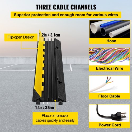 3 Channel Rubber Cable Protector Ramp 1.2 x 1.2 Inch Channel Heavy Duty Cable Wire Cord Cover Ramp Speed Bump Driveway Hose Cable Ramp Protector