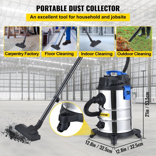 Dust Extractor Collector, 25L / 6.5 Gallon Capacity, HEPA Filtration System Automatic Dust Shaking, 1200W Powerful Motor Wet & Dry Vacuum Cleaner, Heavy-Duty Shop Vacuum with Attachments