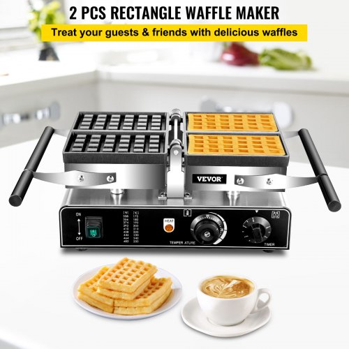 Commercial Waffle Maker, 1600W Rectangle Waffle Maker, 2PCs Commercial Waffle Iron, Waffle Baker Machine w/ 2 Reversible Pans, 122-572℉ Adjustable Nonstick Waffle Baker w/ Teflon Coating 220V