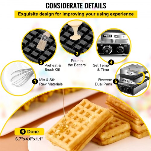 Commercial Waffle Maker, 1600W Rectangle Waffle Maker, 2PCs Commercial Waffle Iron, Waffle Baker Machine w/ 2 Reversible Pans, 122-572℉ Adjustable Nonstick Waffle Baker w/ Teflon Coating 220V