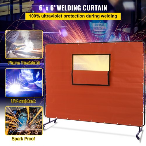 Welding Curtain, 6' x 8', Welding Screen with Metal Frame & 4 Wheels, Fireproof Fiberglass w/ Transparent Window, for Workshop, Industrial Site, Red
