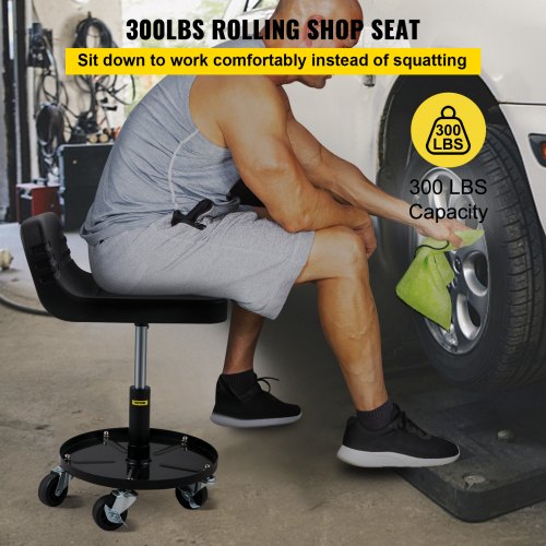 Rolling Garage Stool, 135 KG Capacity, Adjustable Height from 40 cm to 52 cm, Mechanic Seat with 360-degree Swivel Wheels and Tool Tray, for Workshop, Auto Repair Shop, Black