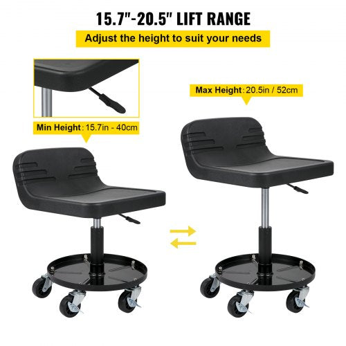 Rolling Garage Stool, 135 KG Capacity, Adjustable Height from 40 cm to 52 cm, Mechanic Seat with 360-degree Swivel Wheels and Tool Tray, for Workshop, Auto Repair Shop, Black