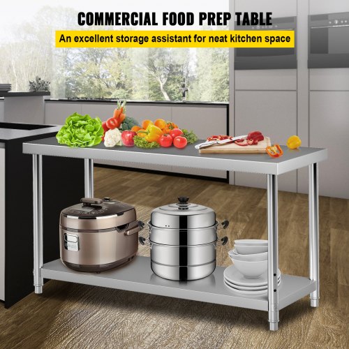 Stainless Steel Prep Table, 60 x 24 x 34 Inch, 550lbs Load Capacity Heavy Duty Metal Worktable with Adjustable Undershelf, Commercial Workstation for Kitchen Restaurant Garage Backyard