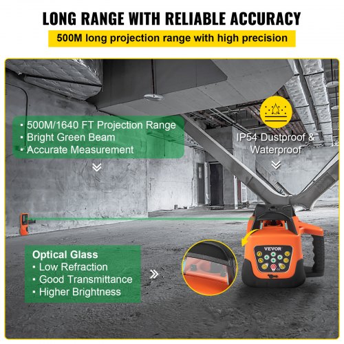 Rotary Laser Level Kit, 360 Degree Rotary Scanning, 500M/1640 FT Measuring Range, Self-Leveling Rotary Laser Level System Kit, Carrying Case Included, for Construction Project, Green Beam
