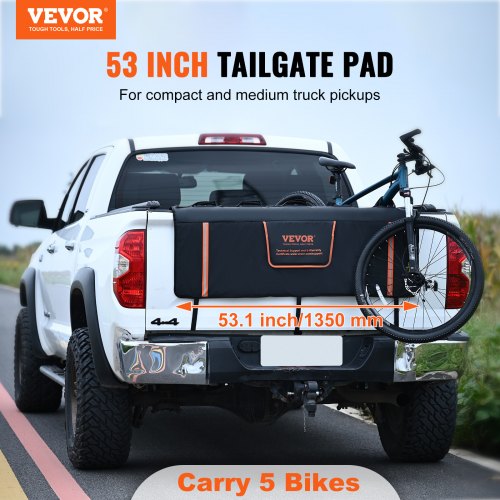 Tailgate Bike Pad, 53" Truck Tailgate Pad Carry 5 Mountain Bikes, Upgraded Grooves Tailgate Protection Pad with Reflective Strips and Tool Pockets, with Camera Opening for Mid-Size Pickup Trucks