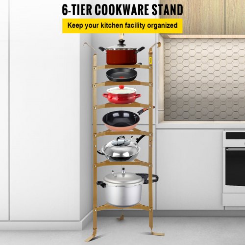 6-Tier Cookware Stand, 61-inch Multi-Layer Pot Rack, Carbon Steel Cookware Shelf, Cookware Storage Tower, Unassembled Kitchen Corner Shelf Rack for Pans, Pots, Baskets and Kettles, Copper