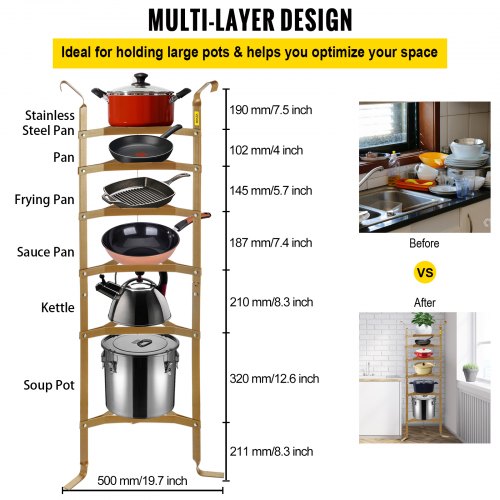 6-Tier Cookware Stand, 61-inch Multi-Layer Pot Rack, Carbon Steel Cookware Shelf, Cookware Storage Tower, Unassembled Kitchen Corner Shelf Rack for Pans, Pots, Baskets and Kettles, Copper