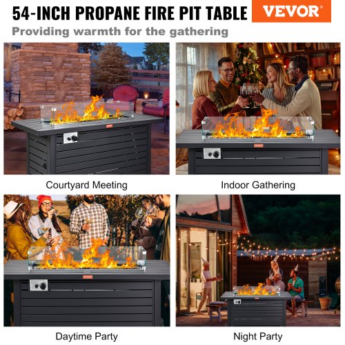 Gas Fire Pit Table, 54 In 50000 BTU, Propane Outdoor Wicker Patio fire Pits with Carbon Steel Tabletop, Lava Rock, Glass Wind Guard, Cover, Add Warmth to Gathering on Garden Backyard, CSA Listed