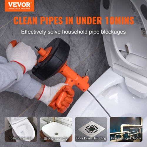 Drain Auger 25Ft, Plumbing Snake Auto Feed, Plumbers Snake with Drill Attachment, Pipe Snake Drain Clog Remover for Kitchen Bathroom Shower Sink with Protective Hose and Gloves
