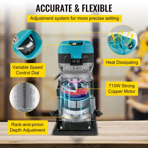 Router Tool, 710W Wood Router, Router for Woodworking w/ Three Router Collets, Wood Router Tool w/ Tilt & Plunge Base, Woodworking Router w/ Aluminum Shell and 13000 - 33000 r/min Rotating Speed