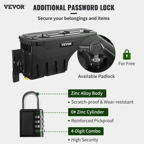 Truck Bed Storage Box, Lockable Lid, Waterproof ABS Wheel Well Tool Box 6.6 Gal/20 L with Password Padlock, Compatible with Dodge Ram 1500 2019-2021, Driver Side, Black