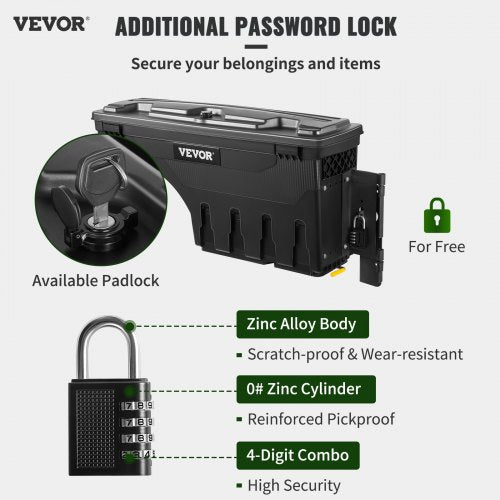 Truck Bed Storage Box, Lockable Lid, Waterproof ABS Wheel Well Tool Box 6.6 Gal/20 L with Password Padlock, Compatible with Dodge Ram 1500 2019-2021, Passenger Side, Black