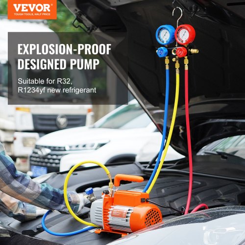 1/4 HP 4.5 CFM AC Vacuum Pump and Gauge Set, Single Stage Rotary Vane HVAC Air Vacuum Pump A/C Refrigerant Kit Manifold Gauge Set, with Three-Color Hose Carry Bag, Applicable to R134a, R410a