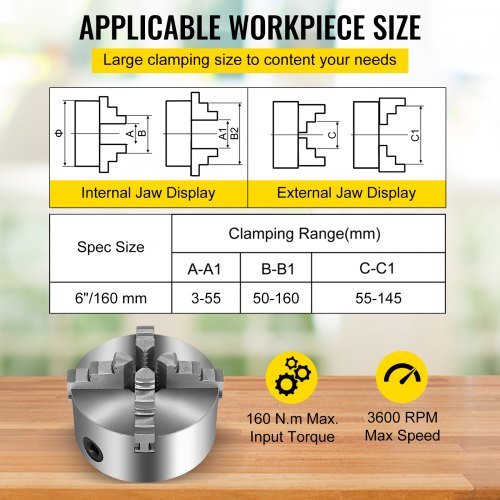 K12-160 6 Inch 4 Jaw Reversible Lathe Chuck 160mm 3600r/min Wood Turning Two-Piece Jaws Lathe Chuck Cast Iron Milling Machine Lathe Chuck